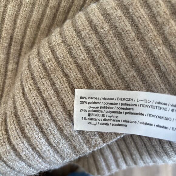 Zara Womens Ribbed Crop Pullover Sweater S Beige Cuff Sleeves Mock Neck Oversize - Picture 7 of 9